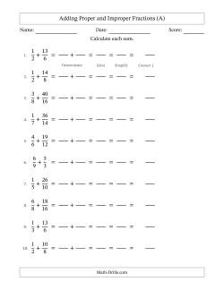 Adding Proper and Improper Fractions with Similar Denominators, Mixed Fractions Results and All Simplifying (Fillable)