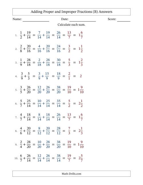 The Adding Proper and Improper Fractions with Similar Denominators, Mixed Fractions Results and All Simplifying (Fillable) (B) Math Worksheet Page 2