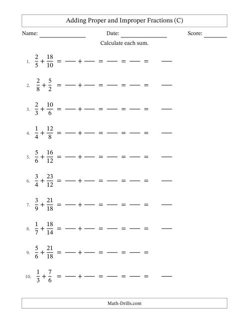 The Adding Proper and Improper Fractions with Similar Denominators, Mixed Fractions Results and All Simplifying (Fillable) (C) Math Worksheet