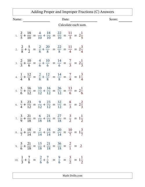 The Adding Proper and Improper Fractions with Similar Denominators, Mixed Fractions Results and All Simplifying (Fillable) (C) Math Worksheet Page 2