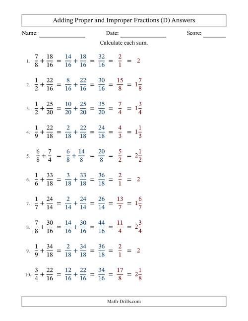 The Adding Proper and Improper Fractions with Similar Denominators, Mixed Fractions Results and All Simplifying (Fillable) (D) Math Worksheet Page 2