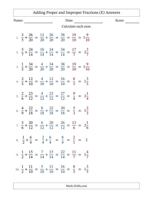 The Adding Proper and Improper Fractions with Similar Denominators, Mixed Fractions Results and All Simplifying (Fillable) (E) Math Worksheet Page 2