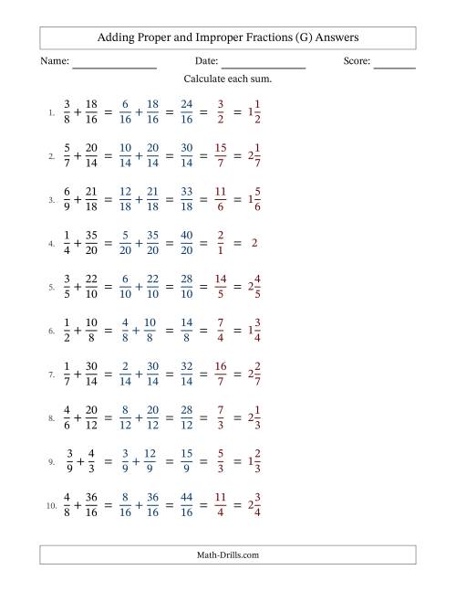 The Adding Proper and Improper Fractions with Similar Denominators, Mixed Fractions Results and All Simplifying (Fillable) (G) Math Worksheet Page 2