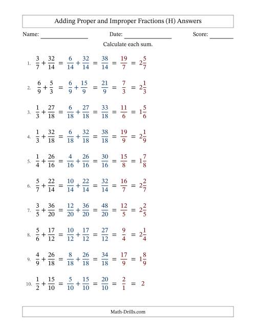 The Adding Proper and Improper Fractions with Similar Denominators, Mixed Fractions Results and All Simplifying (Fillable) (H) Math Worksheet Page 2