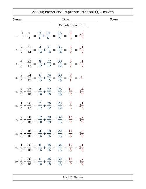 The Adding Proper and Improper Fractions with Similar Denominators, Mixed Fractions Results and All Simplifying (Fillable) (I) Math Worksheet Page 2