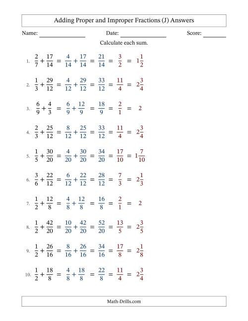 The Adding Proper and Improper Fractions with Similar Denominators, Mixed Fractions Results and All Simplifying (Fillable) (J) Math Worksheet Page 2