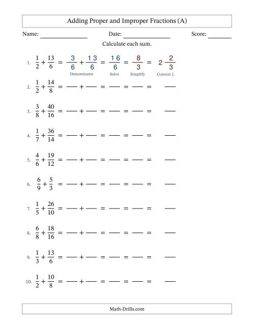 The Adding Proper and Improper Fractions with Similar Denominators, Mixed Fractions Results and All Simplifying (Fillable) (All) Math Worksheet