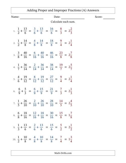 The Adding Proper and Improper Fractions with Similar Denominators, Mixed Fractions Results and All Simplifying (Fillable) (All) Math Worksheet Page 2