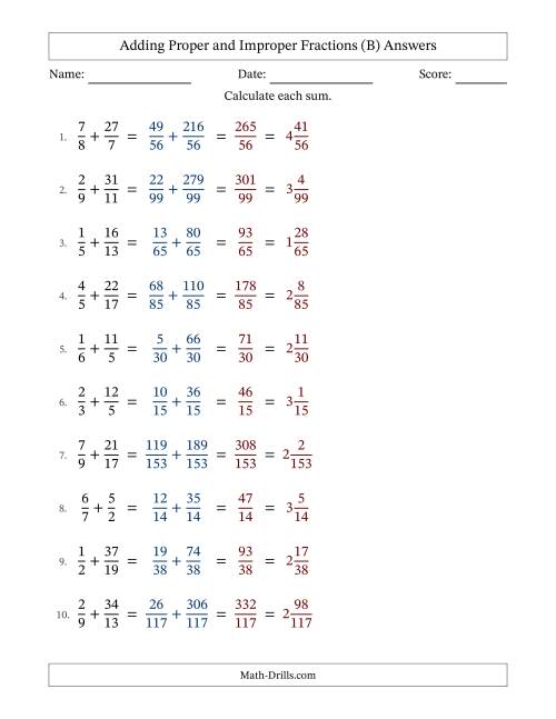 The Adding Proper and Improper Fractions with Unlike Denominators, Mixed Fractions Results and No Simplifying (Fillable) (B) Math Worksheet Page 2
