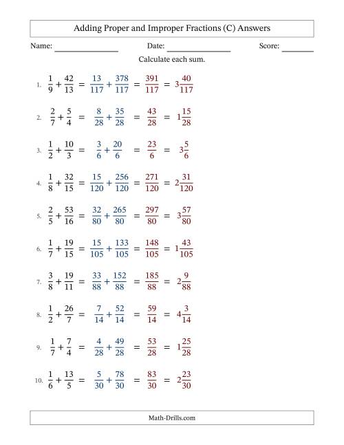 The Adding Proper and Improper Fractions with Unlike Denominators, Mixed Fractions Results and No Simplifying (Fillable) (C) Math Worksheet Page 2