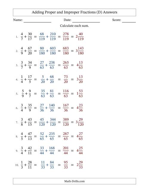 The Adding Proper and Improper Fractions with Unlike Denominators, Mixed Fractions Results and No Simplifying (Fillable) (D) Math Worksheet Page 2