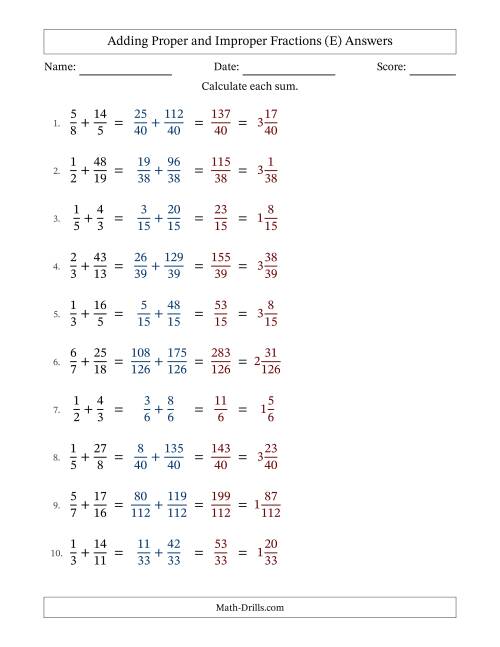 The Adding Proper and Improper Fractions with Unlike Denominators, Mixed Fractions Results and No Simplifying (Fillable) (E) Math Worksheet Page 2