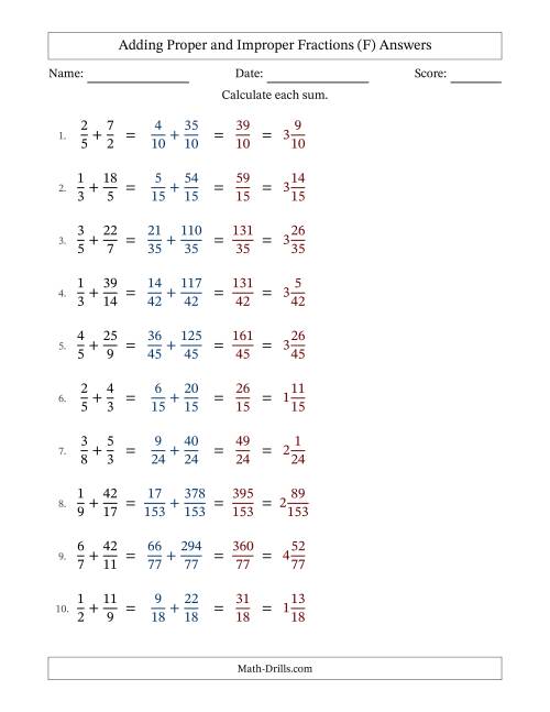 The Adding Proper and Improper Fractions with Unlike Denominators, Mixed Fractions Results and No Simplifying (Fillable) (F) Math Worksheet Page 2