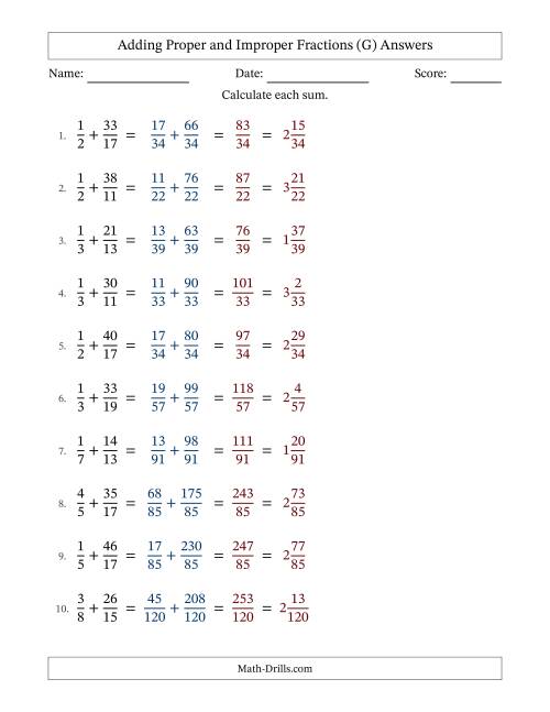 The Adding Proper and Improper Fractions with Unlike Denominators, Mixed Fractions Results and No Simplifying (Fillable) (G) Math Worksheet Page 2
