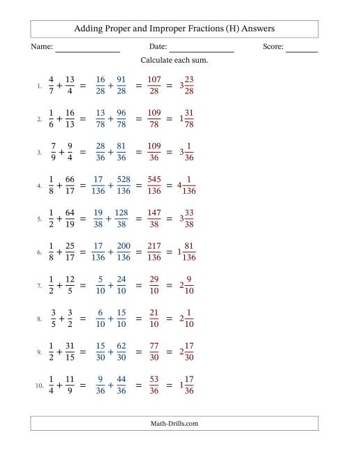 The Adding Proper and Improper Fractions with Unlike Denominators, Mixed Fractions Results and No Simplifying (Fillable) (H) Math Worksheet Page 2
