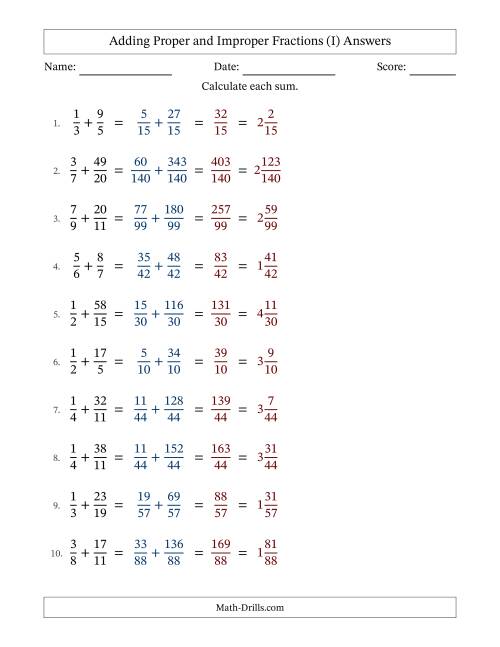The Adding Proper and Improper Fractions with Unlike Denominators, Mixed Fractions Results and No Simplifying (Fillable) (I) Math Worksheet Page 2