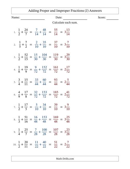 The Adding Proper and Improper Fractions with Unlike Denominators, Mixed Fractions Results and No Simplifying (Fillable) (J) Math Worksheet Page 2