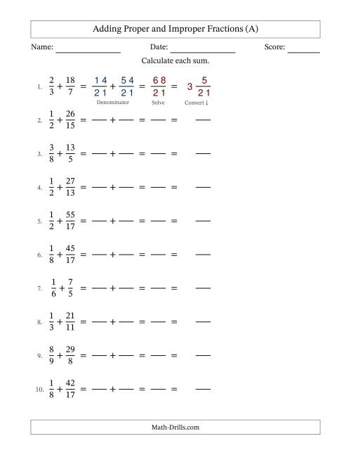 The Adding Proper and Improper Fractions with Unlike Denominators, Mixed Fractions Results and No Simplifying (Fillable) (All) Math Worksheet