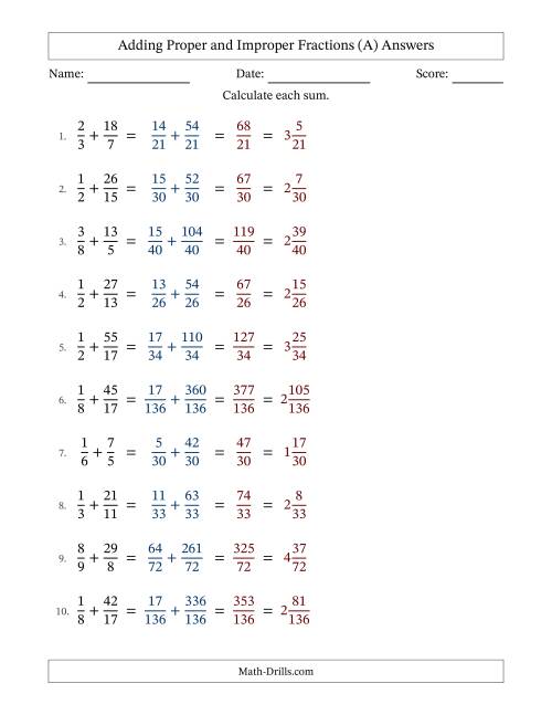 The Adding Proper and Improper Fractions with Unlike Denominators, Mixed Fractions Results and No Simplifying (Fillable) (All) Math Worksheet Page 2