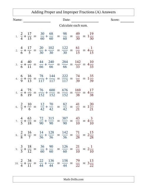 The Adding Proper and Improper Fractions with Unlike Denominators, Mixed Fractions Results and All Simplifying (Fillable) (A) Math Worksheet Page 2