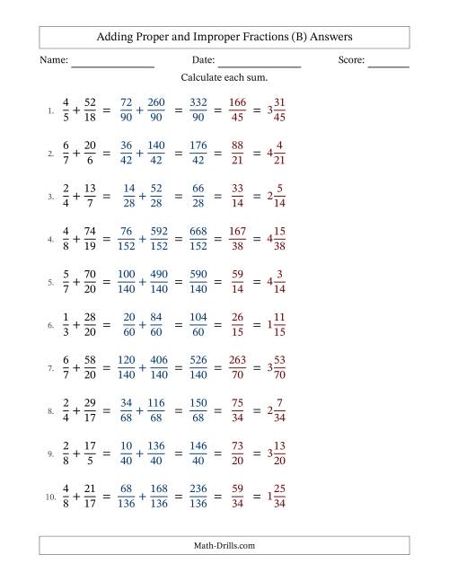 The Adding Proper and Improper Fractions with Unlike Denominators, Mixed Fractions Results and All Simplifying (Fillable) (B) Math Worksheet Page 2