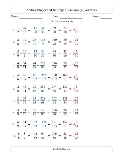 The Adding Proper and Improper Fractions with Unlike Denominators, Mixed Fractions Results and All Simplifying (Fillable) (C) Math Worksheet Page 2