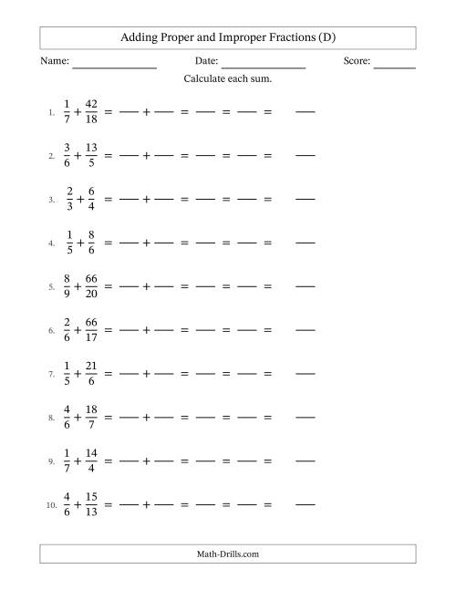 The Adding Proper and Improper Fractions with Unlike Denominators, Mixed Fractions Results and All Simplifying (Fillable) (D) Math Worksheet