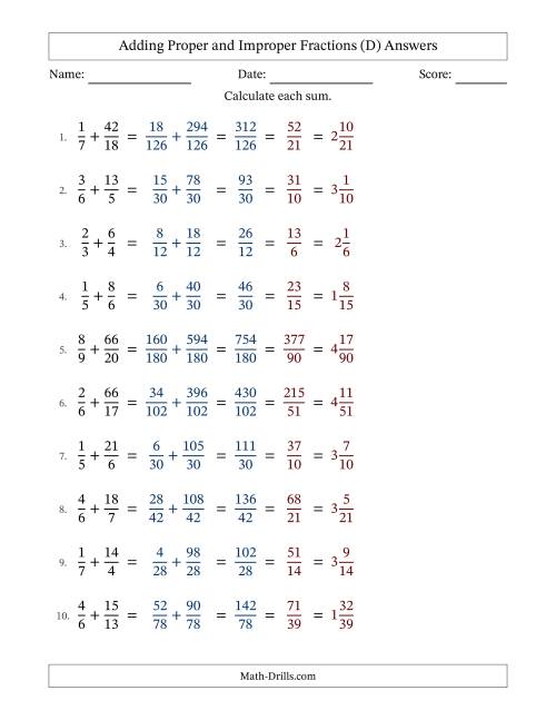 The Adding Proper and Improper Fractions with Unlike Denominators, Mixed Fractions Results and All Simplifying (Fillable) (D) Math Worksheet Page 2