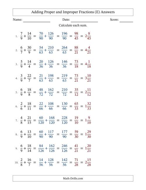 The Adding Proper and Improper Fractions with Unlike Denominators, Mixed Fractions Results and All Simplifying (Fillable) (E) Math Worksheet Page 2