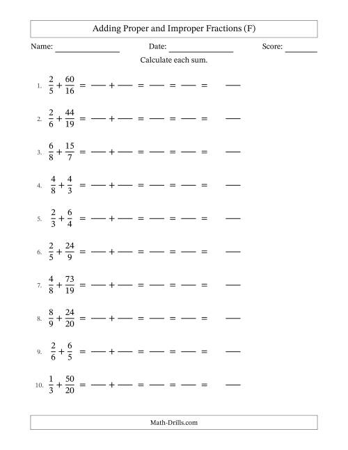 The Adding Proper and Improper Fractions with Unlike Denominators, Mixed Fractions Results and All Simplifying (Fillable) (F) Math Worksheet