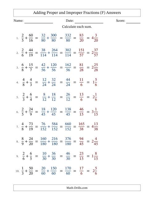 The Adding Proper and Improper Fractions with Unlike Denominators, Mixed Fractions Results and All Simplifying (Fillable) (F) Math Worksheet Page 2