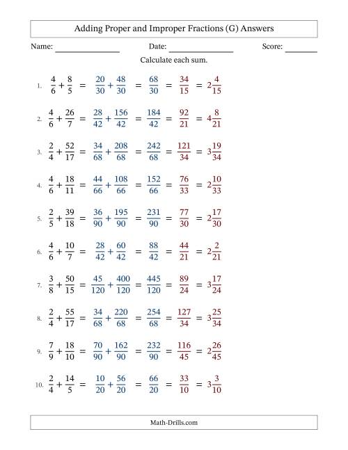 The Adding Proper and Improper Fractions with Unlike Denominators, Mixed Fractions Results and All Simplifying (Fillable) (G) Math Worksheet Page 2