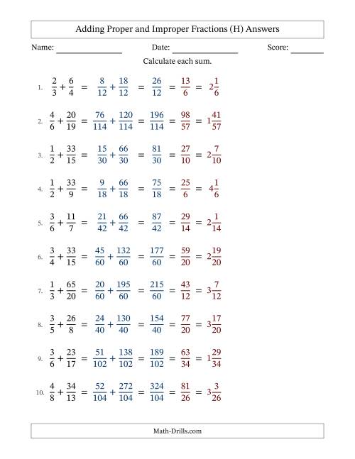 The Adding Proper and Improper Fractions with Unlike Denominators, Mixed Fractions Results and All Simplifying (Fillable) (H) Math Worksheet Page 2