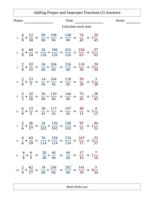 The Adding Proper and Improper Fractions with Unlike Denominators, Mixed Fractions Results and All Simplifying (Fillable) (I) Math Worksheet Page 2