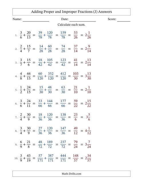 The Adding Proper and Improper Fractions with Unlike Denominators, Mixed Fractions Results and All Simplifying (Fillable) (J) Math Worksheet Page 2