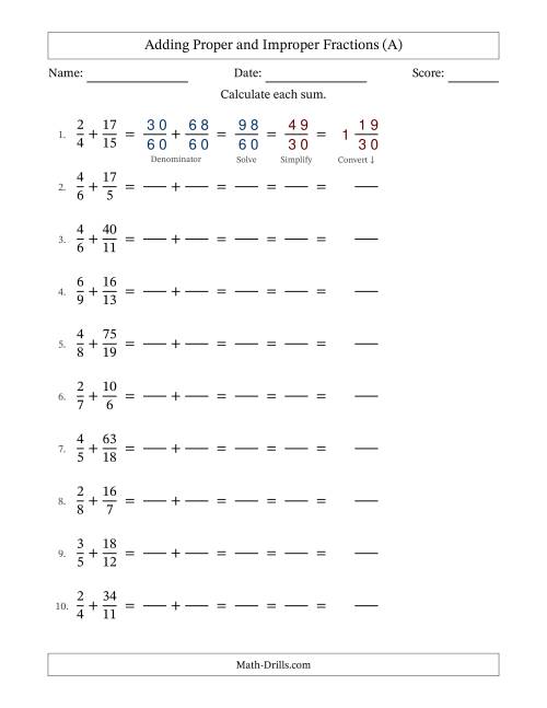 The Adding Proper and Improper Fractions with Unlike Denominators, Mixed Fractions Results and All Simplifying (Fillable) (All) Math Worksheet