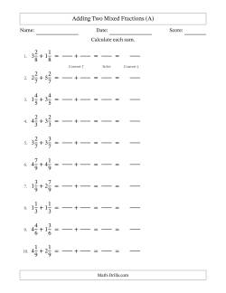 Adding Two Mixed Fractions with Equal Denominators, Mixed Fractions Results and No Simplifying (Fillable)