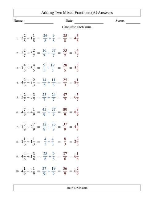 The Adding Two Mixed Fractions with Equal Denominators, Mixed Fractions Results and No Simplifying (Fillable) (A) Math Worksheet Page 2