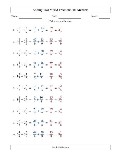 The Adding Two Mixed Fractions with Equal Denominators, Mixed Fractions Results and No Simplifying (Fillable) (B) Math Worksheet Page 2