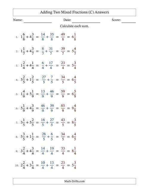 The Adding Two Mixed Fractions with Equal Denominators, Mixed Fractions Results and No Simplifying (Fillable) (C) Math Worksheet Page 2