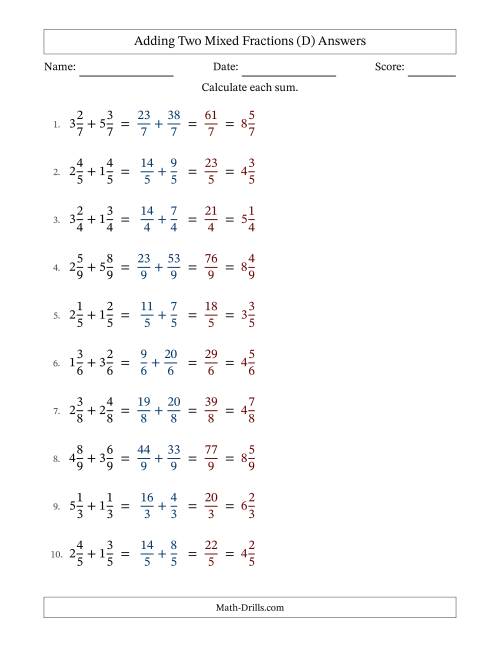 The Adding Two Mixed Fractions with Equal Denominators, Mixed Fractions Results and No Simplifying (Fillable) (D) Math Worksheet Page 2