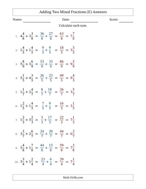 The Adding Two Mixed Fractions with Equal Denominators, Mixed Fractions Results and No Simplifying (Fillable) (E) Math Worksheet Page 2