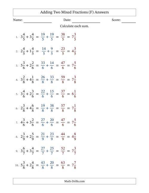 The Adding Two Mixed Fractions with Equal Denominators, Mixed Fractions Results and No Simplifying (Fillable) (F) Math Worksheet Page 2