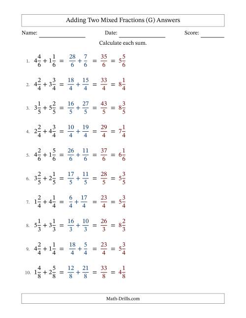 The Adding Two Mixed Fractions with Equal Denominators, Mixed Fractions Results and No Simplifying (Fillable) (G) Math Worksheet Page 2