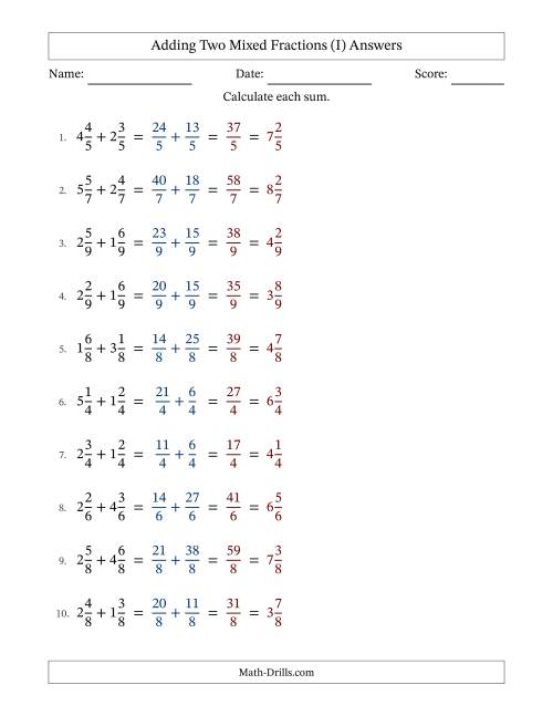 The Adding Two Mixed Fractions with Equal Denominators, Mixed Fractions Results and No Simplifying (Fillable) (I) Math Worksheet Page 2