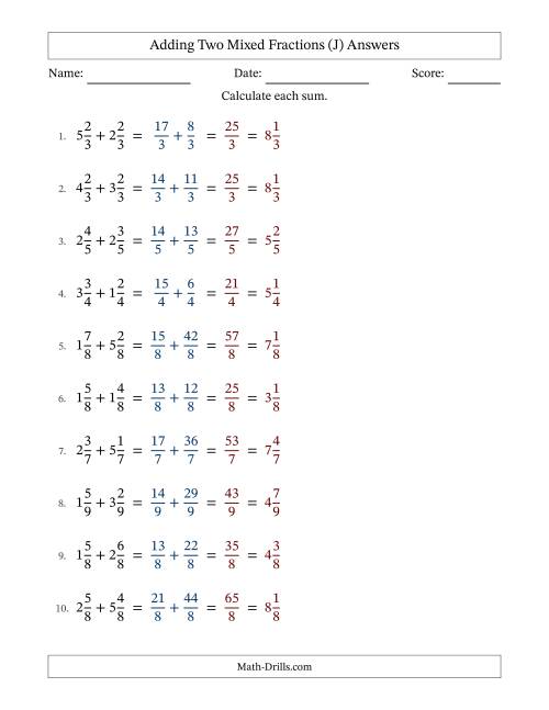 The Adding Two Mixed Fractions with Equal Denominators, Mixed Fractions Results and No Simplifying (Fillable) (J) Math Worksheet Page 2