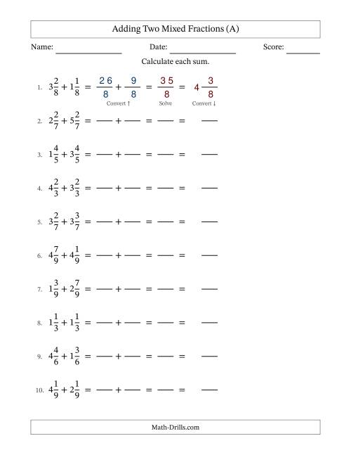 The Adding Two Mixed Fractions with Equal Denominators, Mixed Fractions Results and No Simplifying (Fillable) (All) Math Worksheet