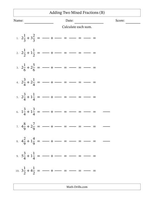The Adding Two Mixed Fractions with Equal Denominators, Mixed Fractions Results and All Simplifying (Fillable) (B) Math Worksheet