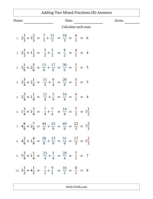 The Adding Two Mixed Fractions with Equal Denominators, Mixed Fractions Results and All Simplifying (Fillable) (B) Math Worksheet Page 2