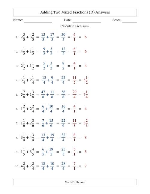 The Adding Two Mixed Fractions with Equal Denominators, Mixed Fractions Results and All Simplifying (Fillable) (D) Math Worksheet Page 2